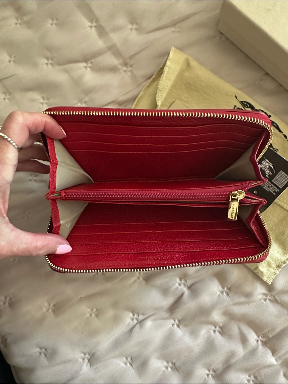 Burberry Haymarket Granny Leather Large Zippy Wallet, Military Red Trim, NWB - Picture 5 of 8